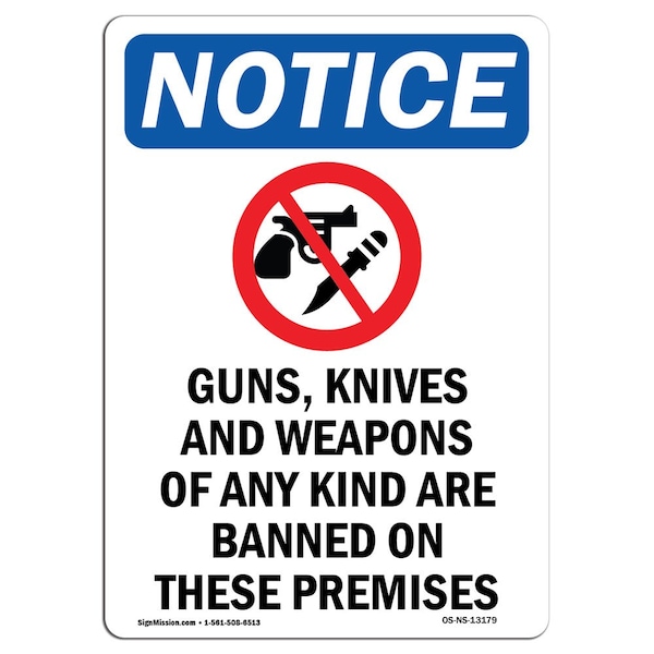Signmission OSHA Notice, 5" Height, Guns Knives And Weapons Sign With Symbol, 5" X 3.5", Portrait OS-NS-D-35-V-13179 - main